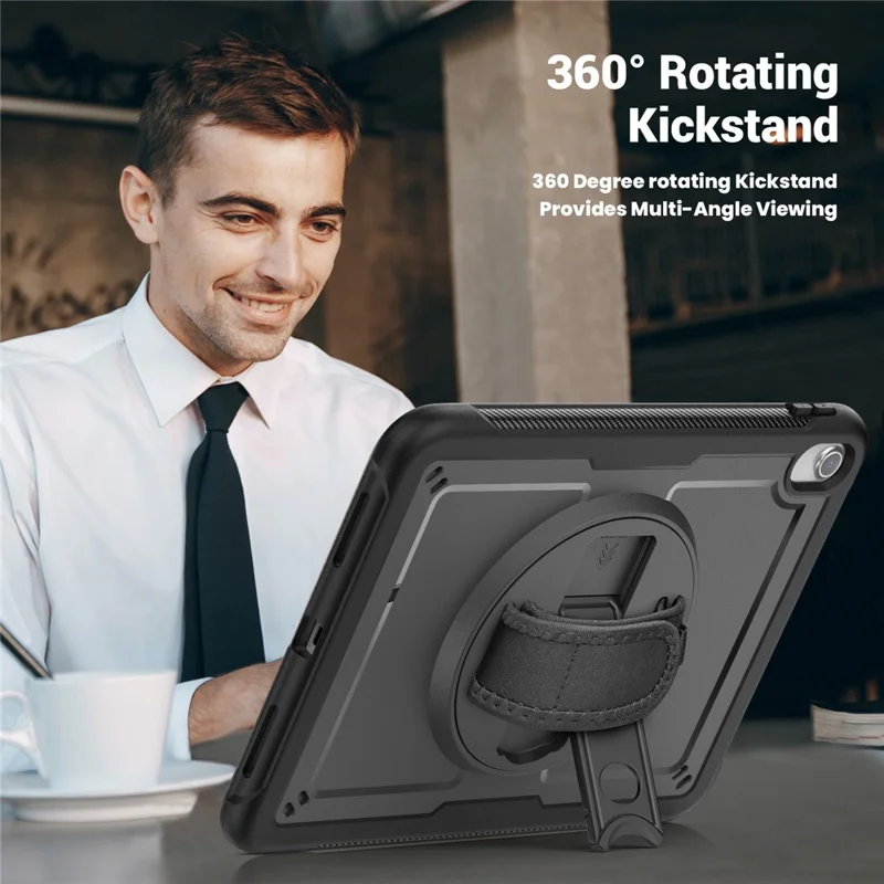 For iPad (2025)  /  10.9 (2022) Case Kickstand PC + TPE Tablet Cover with Hand Strap and Shoulder Strap - Black
