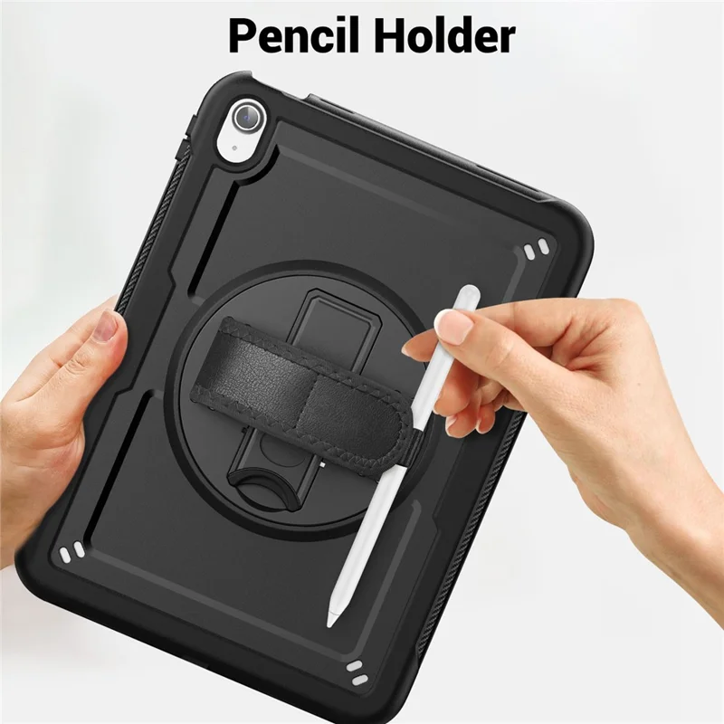 For iPad (2025)  /  10.9 (2022) Case Kickstand PC + TPE Tablet Cover with Hand Strap and Shoulder Strap - Black