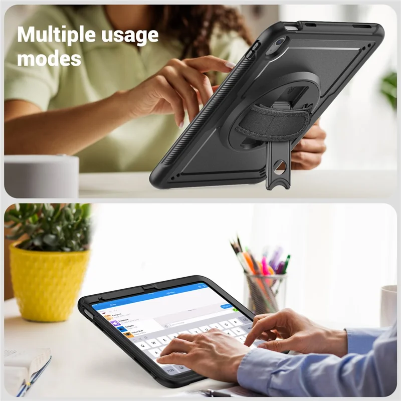 For iPad (2025)  /  10.9 (2022) Case Kickstand PC + TPE Tablet Cover with Hand Strap and Shoulder Strap - Black