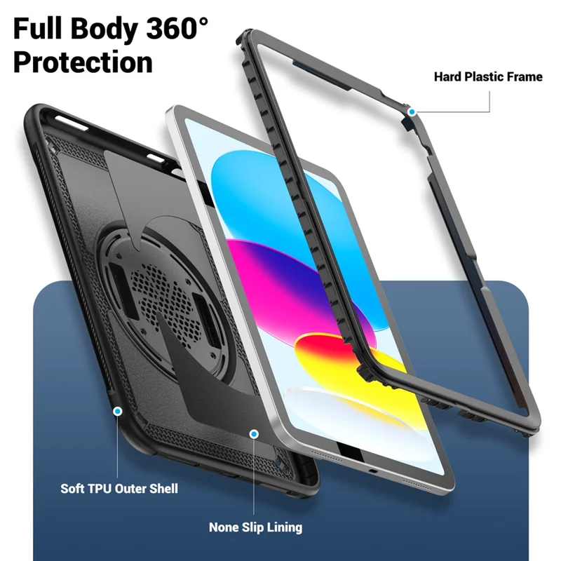 For iPad (2025)  /  10.9 (2022) Case Kickstand PC + TPE Tablet Cover with Hand Strap and Shoulder Strap - Black