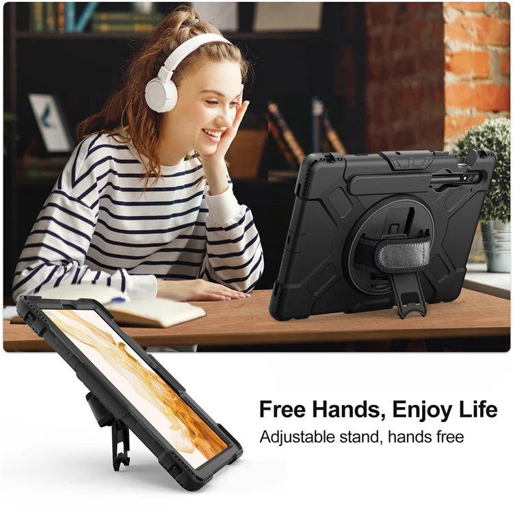 Para Samsung Galaxy Tab S8 Kickstand PC + Silicone Hybrid Case Mandal Strap Tamp Tampa Com Alça de Ombro