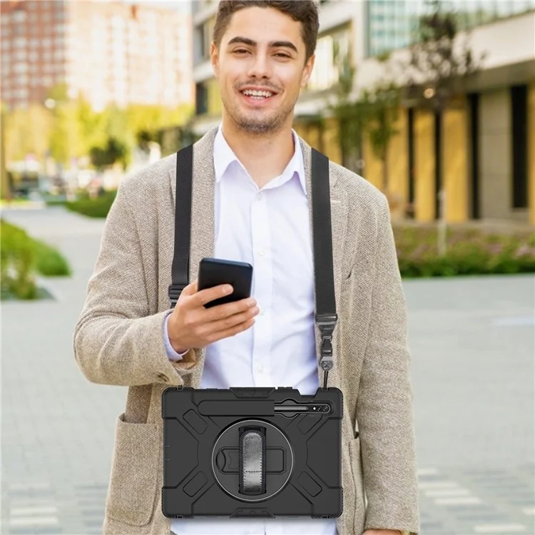 Para Samsung Galaxy Tab S8 Kickstand PC + Silicone Hybrid Case Mandal Strap Tamp Tampa Com Alça de Ombro