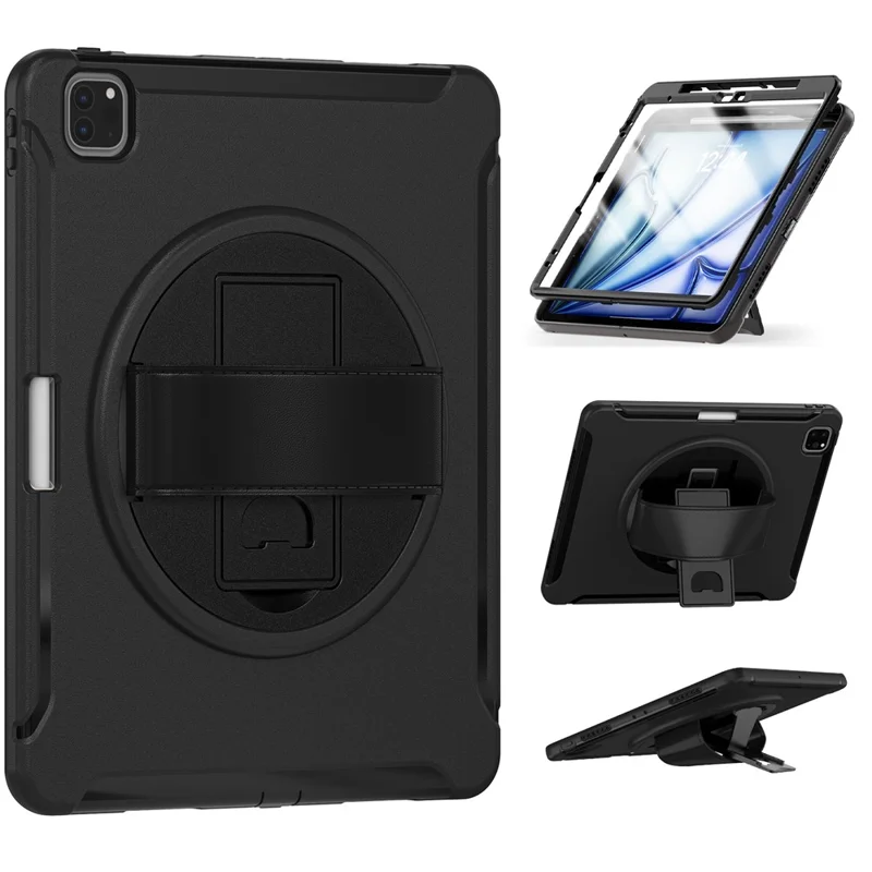 Tablet Case For iPad Air 13 (2025) / (2024) / Pro 12.9 (2022) / (2021) / (2020) Rotary Kickstand Cover with Pen Slot / PET Screen Protector - Black