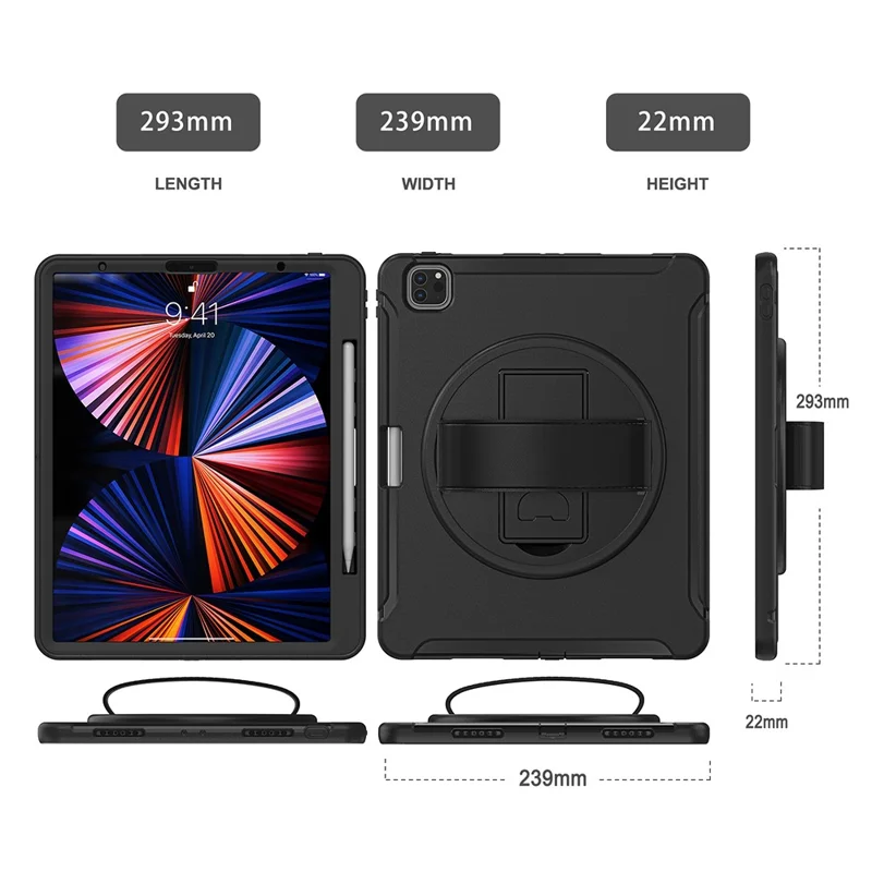 Tablet Case For iPad Air 13 (2025) / (2024) / Pro 12.9 (2022) / (2021) / (2020) Rotary Kickstand Cover with Pen Slot / PET Screen Protector - Black
