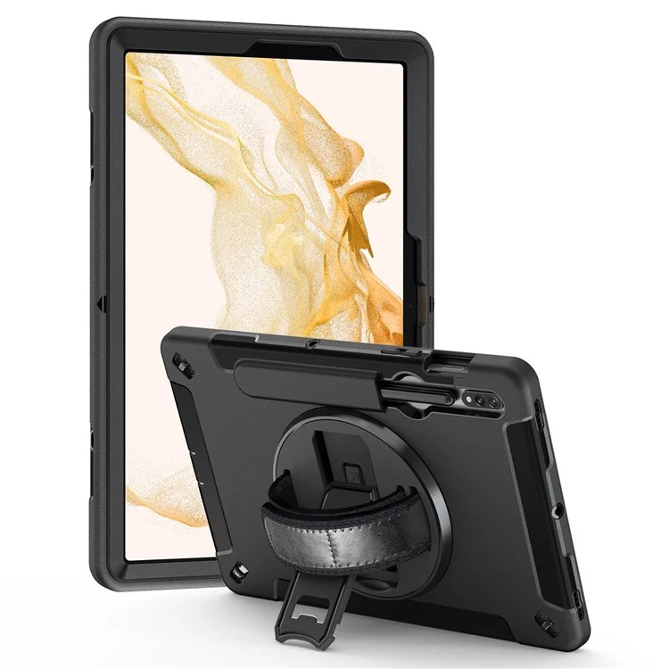 For Samsung Galaxy Tab S8 PC + Silicone Tablet Case Pencil Holder Impact-resistant Kickstand Cover with Shoulder Strap / Hand Strap