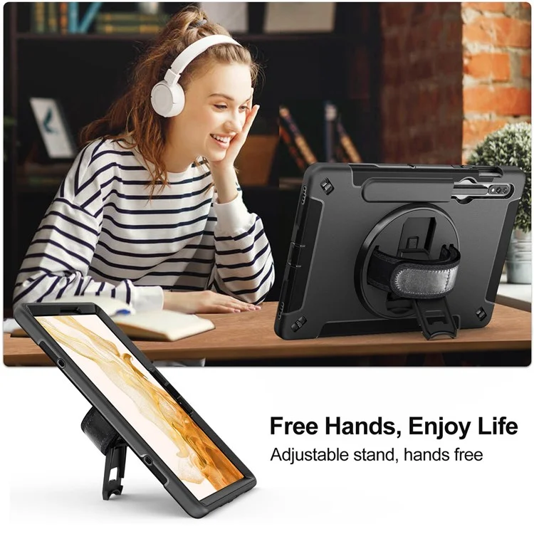 For Samsung Galaxy Tab S8 PC + Silicone Tablet Case Pencil Holder Impact-resistant Kickstand Cover with Shoulder Strap / Hand Strap