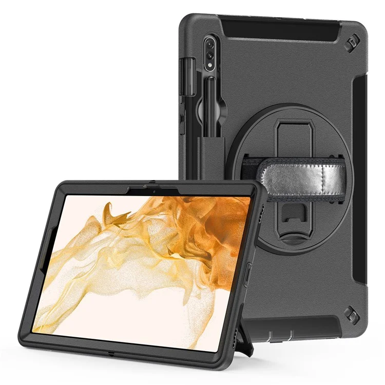 For Samsung Galaxy Tab S8 PC + Silicone Tablet Case Pencil Holder Impact-resistant Kickstand Cover with Shoulder Strap / Hand Strap