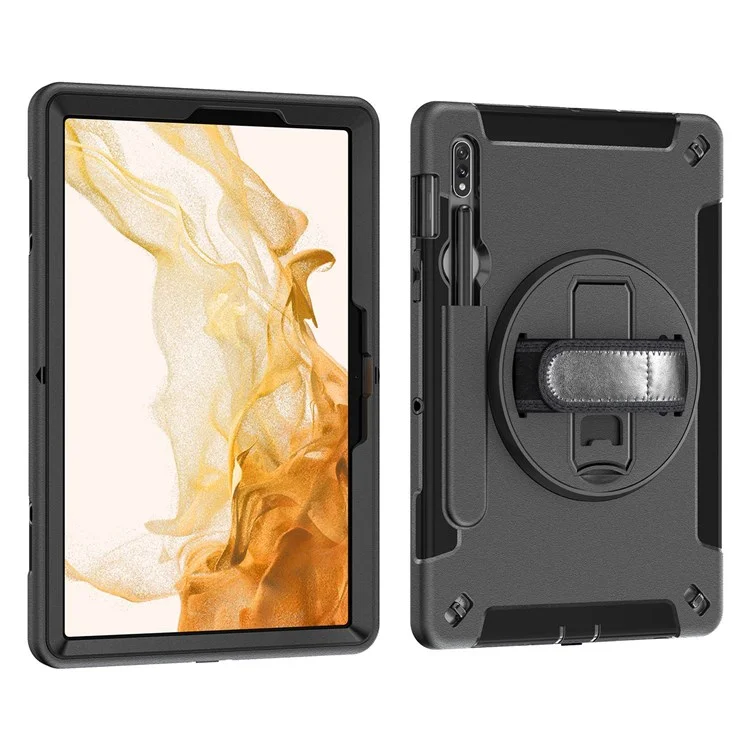 For Samsung Galaxy Tab S8 PC + Silicone Tablet Case Pencil Holder Impact-resistant Kickstand Cover with Shoulder Strap / Hand Strap