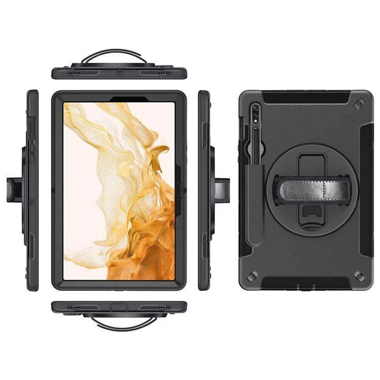 For Samsung Galaxy Tab S8 PC + Silicone Tablet Case Pencil Holder Impact-resistant Kickstand Cover with Shoulder Strap / Hand Strap