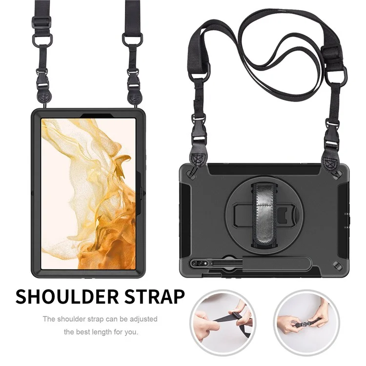 For Samsung Galaxy Tab S8 PC + Silicone Tablet Case Pencil Holder Impact-resistant Kickstand Cover with Shoulder Strap / Hand Strap