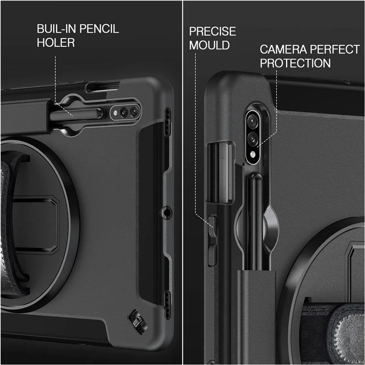 For Samsung Galaxy Tab S8 PC + Silicone Tablet Case Pencil Holder Impact-resistant Kickstand Cover with Shoulder Strap / Hand Strap