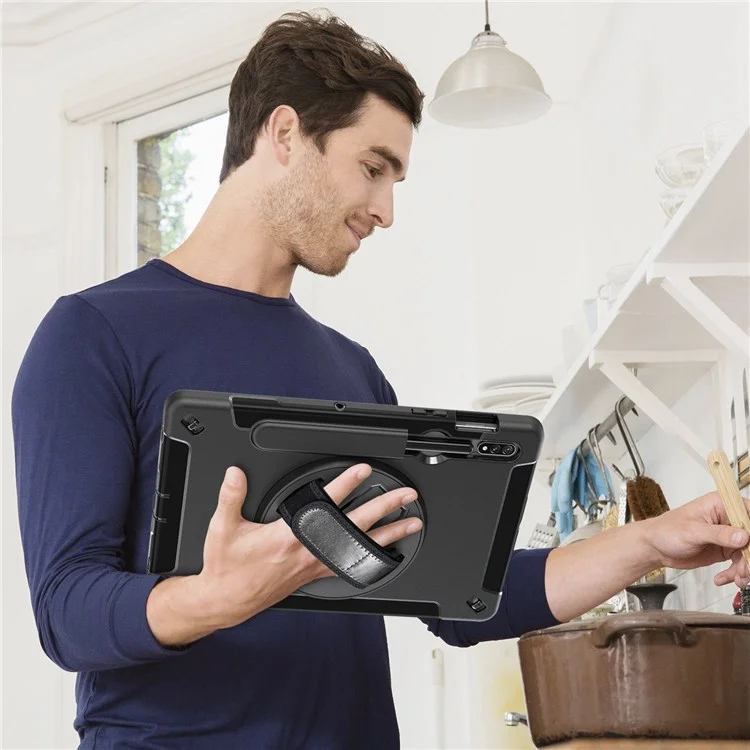 For Samsung Galaxy Tab S8 PC + Silicone Tablet Case Pencil Holder Impact-resistant Kickstand Cover with Shoulder Strap / Hand Strap