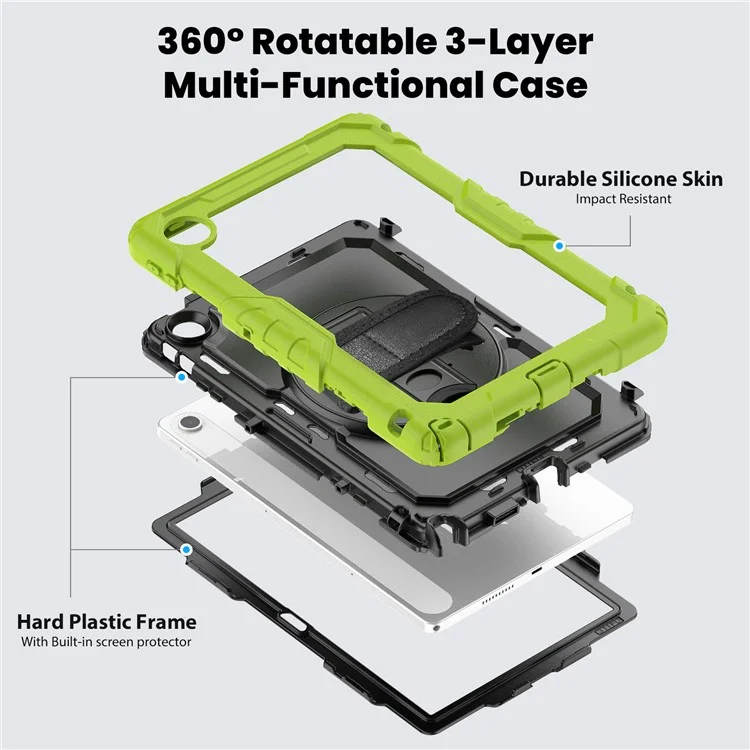 Per Lenovo Tab 10.1 (2025) TB-311XU / Tab TB311FU Cover PC + Silicone per Tablet con Pellicola Anti-Graffi PET e Tracolla - Verde Giallo