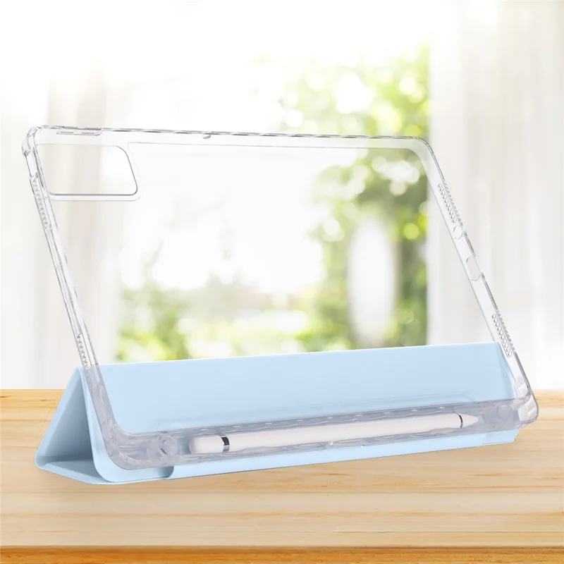 For Xiaomi Redmi Pad SE Case Tri-Fold Stand Leather+TPU+Acrylic Clear Back Tablet Cover - Baby Blue