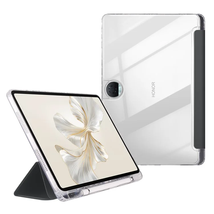 For Honor Pad 9 Case Tri-Fold Stand Leather + TPU + Acrylic Clear Back Tablet Cover - Black