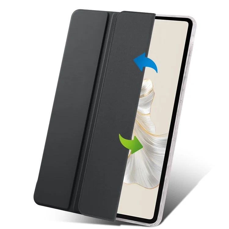 For Honor Pad 9 Case Tri-Fold Stand Leather + TPU + Acrylic Clear Back Tablet Cover - Black