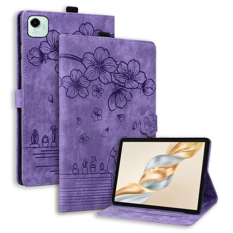 For Honor Pad X9a / Pad X9 Pro Case Card Slots Leather Tablet Stand Folio Cover Flower Cat - Purple