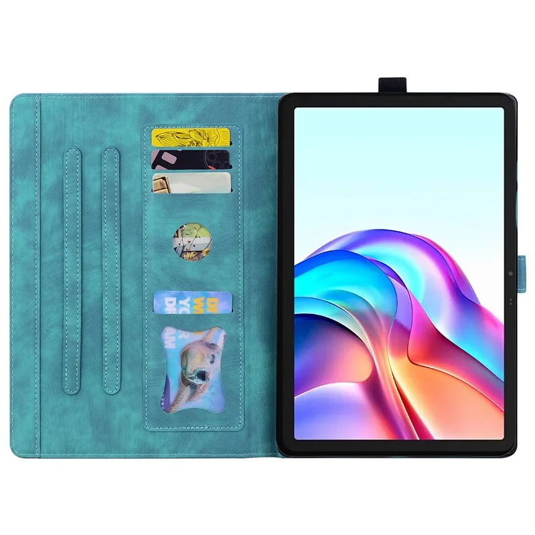 For TECNO Megapad 11 Case Card Slots Leather Tablet Stand Folio Cover Flower Cat - Green