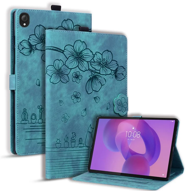 For Lenovo Tab K10C / Tab E10C Case Card Slots Leather Tablet Stand Folio Cover Flower Cat - Green