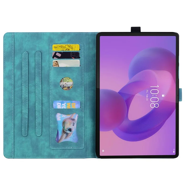 For Lenovo Tab K10C / Tab E10C Case Card Slots Leather Tablet Stand Folio Cover Flower Cat - Green