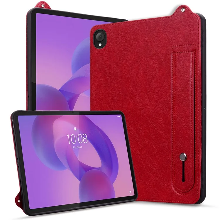 For Lenovo Tab K10C / Tab E10C Case Hand Strap Kickstand Leather Tablet Cover - Red