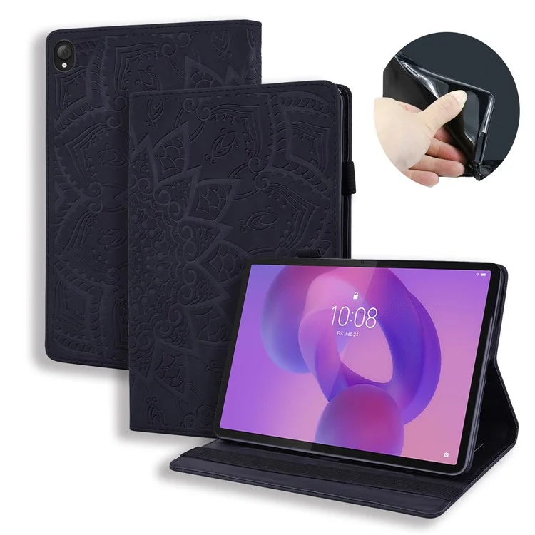 Cover in pelle per Tablet Lenovo Tab K10C / E10C con slot per schede e motivo floreale - Nero
