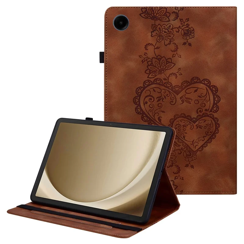 For Samsung Galaxy Tab A9+ Leather Case Heart Imprint Foldable Stand Card Slot Stylus Holder Tablet Cover - Brown