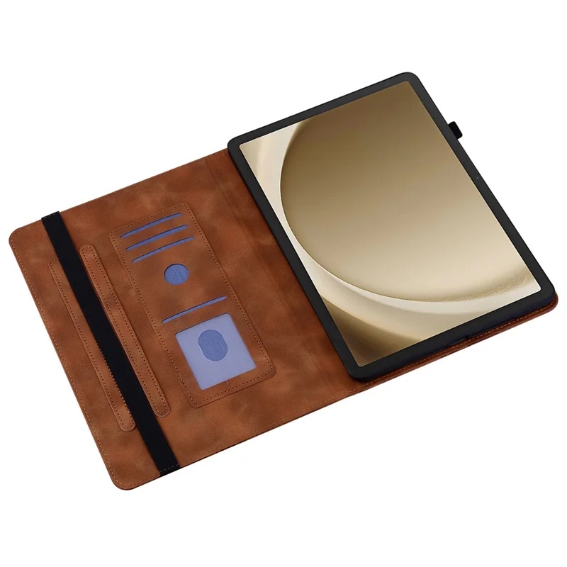 For Samsung Galaxy Tab A9+ Leather Case Heart Imprint Foldable Stand Card Slot Stylus Holder Tablet Cover - Brown