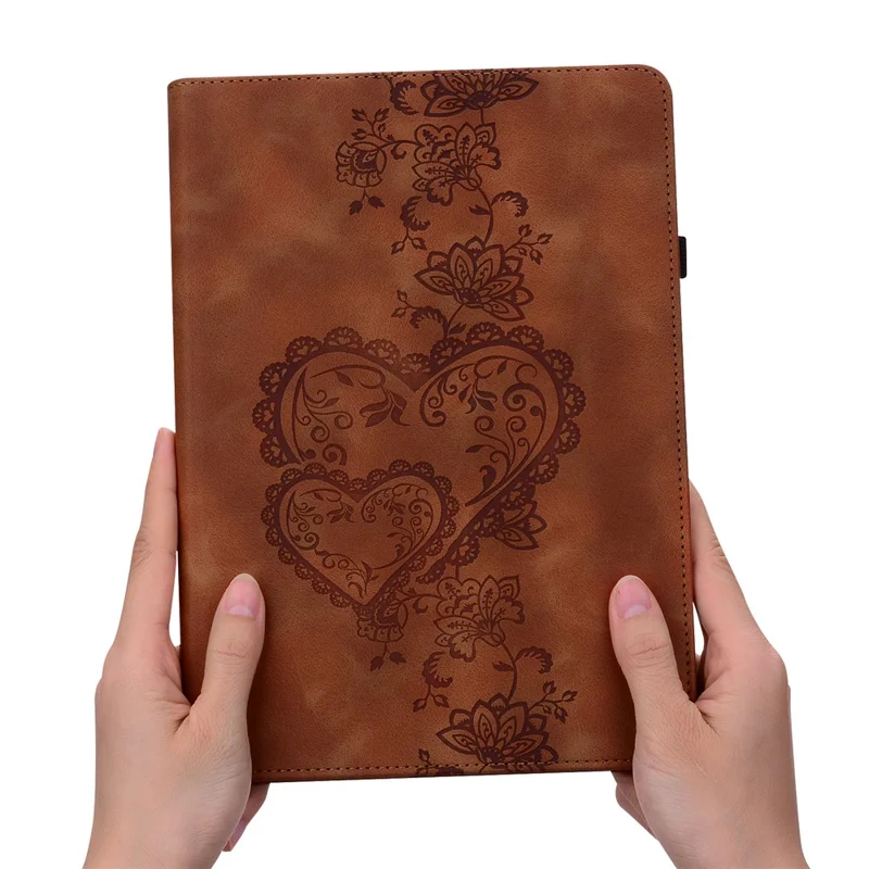 For Samsung Galaxy Tab A9+ Leather Case Heart Imprint Foldable Stand Card Slot Stylus Holder Tablet Cover - Brown