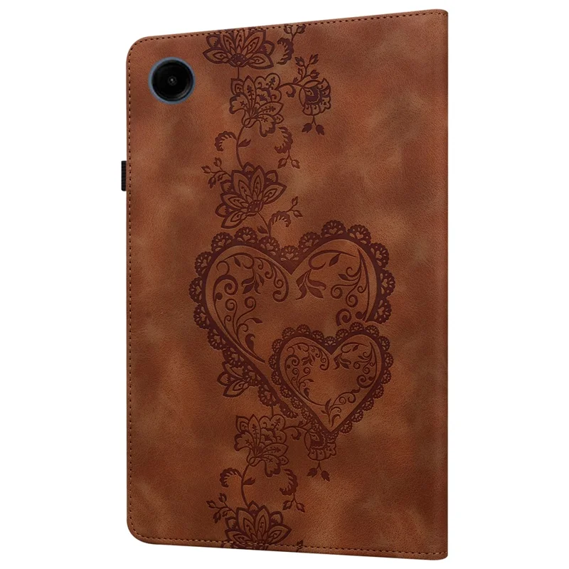For Samsung Galaxy Tab A9+ Leather Case Heart Imprint Foldable Stand Card Slot Stylus Holder Tablet Cover - Brown