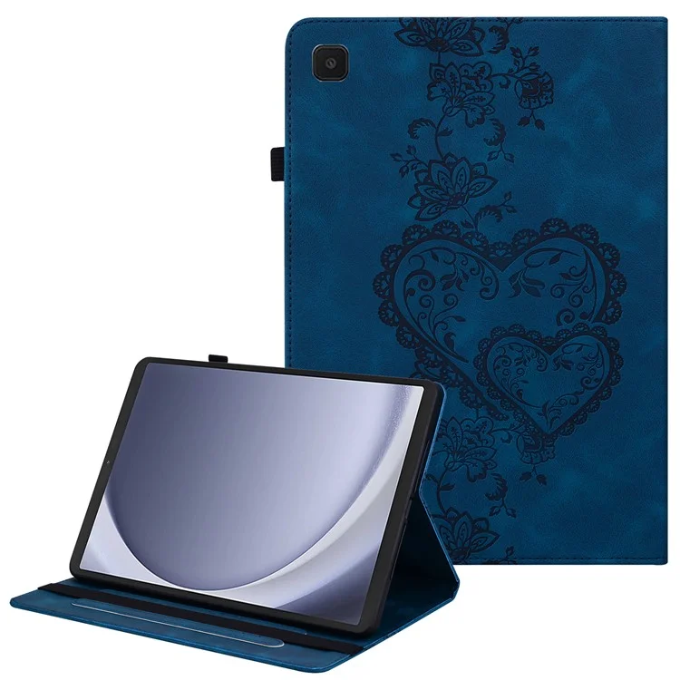 For Samsung Galaxy Tab A9 Leather Case Heart Imprint Foldable Stand Card Slot Stylus Holder Tablet Cover - Blue