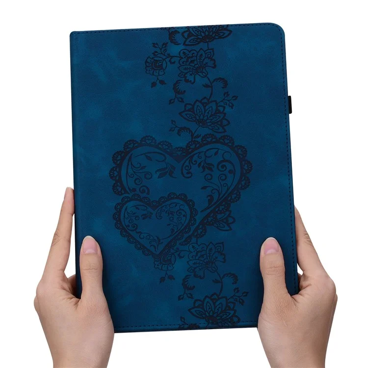 For Samsung Galaxy Tab A9 Leather Case Heart Imprint Foldable Stand Card Slot Stylus Holder Tablet Cover - Blue