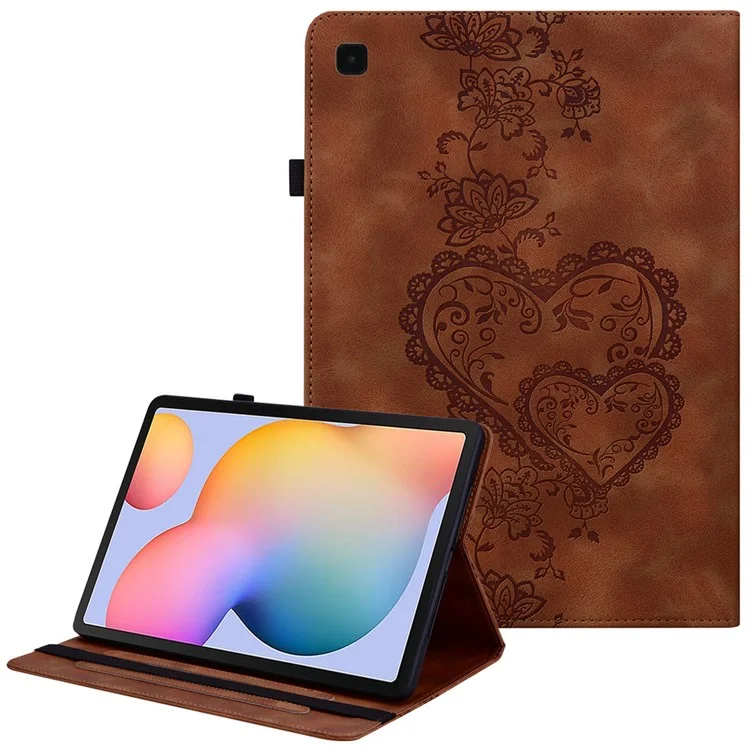 Für Samsung Galaxy Tab S6 Lite (2024) / (2022) (SM-P610 / 615) Lederetui Herzprägung Faltbarer Ständer Kartenschlitz Stylus-Halter Tablet-Hülle - Braun