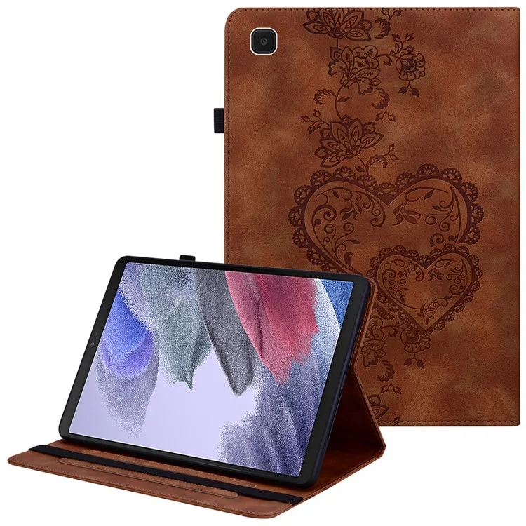 Étui en cuir pour Samsung Galaxy Tab A7 Lite 8,7 pouces (T220 / T225) avec motif de cœur, support pliant, emplacement pour carte, support pour stylet - Marron
