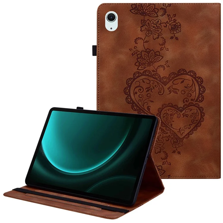 Leather Case For Samsung Galaxy Tab S10 / S10 FE / S9 FE / S9 Heart Imprint Foldable Stand Card Slot Stylus Holder Tablet Cover - Brown