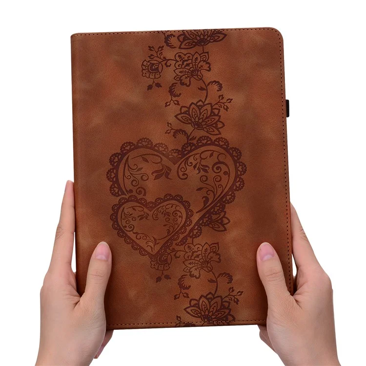 Leather Case For Samsung Galaxy Tab S10 / S10 FE / S9 FE / S9 Heart Imprint Foldable Stand Card Slot Stylus Holder Tablet Cover - Brown