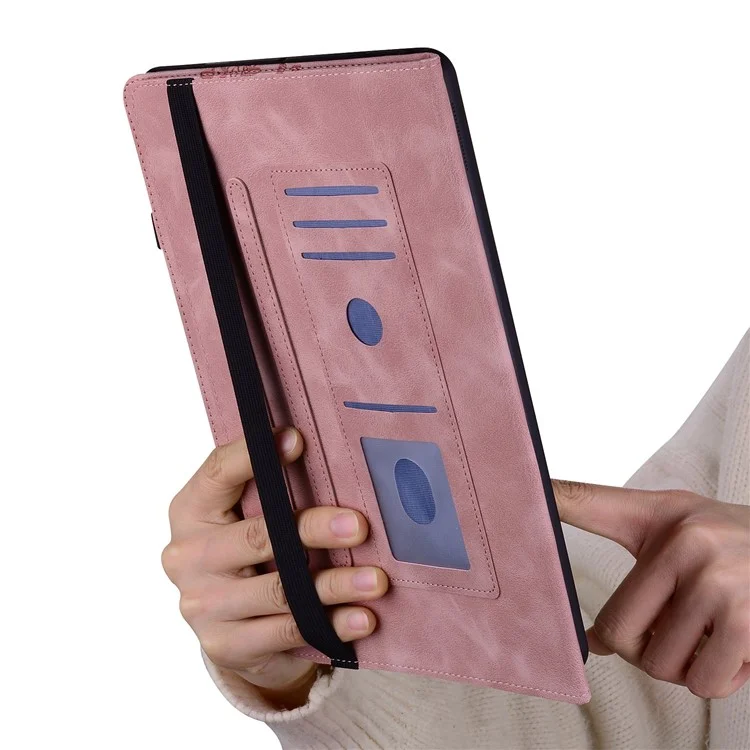 For iPad mini (2024)  /  (2021) Leather Case Heart Imprint Foldable Stand Card Slot Stylus Holder Tablet Cover - Pink