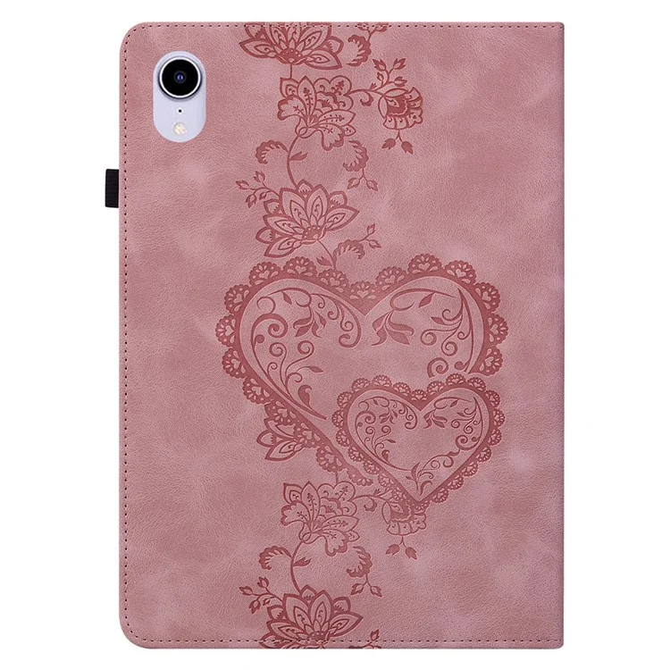 For iPad mini (2024)  /  (2021) Leather Case Heart Imprint Foldable Stand Card Slot Stylus Holder Tablet Cover - Pink