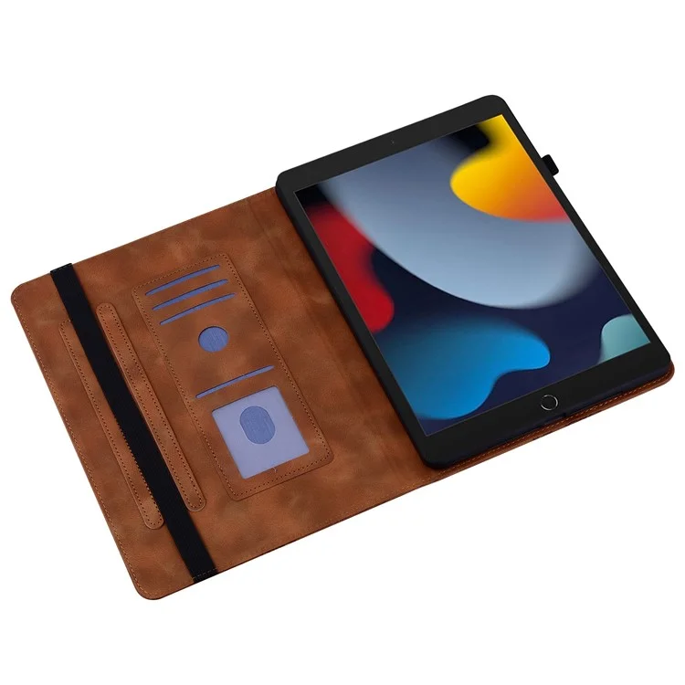 Leather Case For iPad 10.2 (2021)  /  (2020)  /  (2019)  /  Air 10.5 inch (2019) Heart Imprint Foldable Stand Card Slot Stylus Holder Tablet Cover - Brown