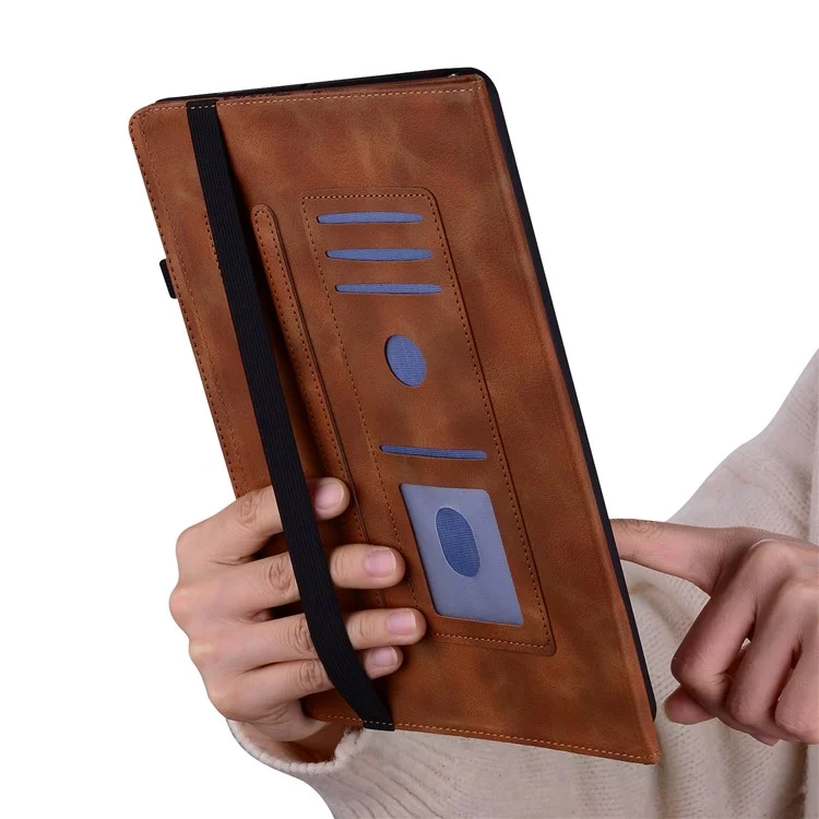 For iPad (2025)  /  10.9 (2022) Leather Case Heart Imprint Foldable Stand Card Slot Stylus Holder Tablet Cover - Brown