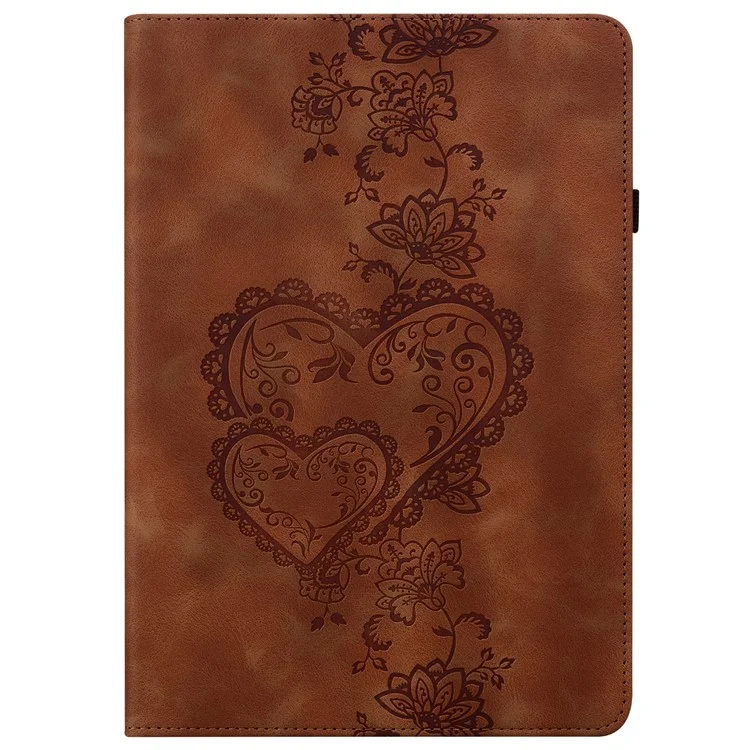 For iPad (2025)  /  10.9 (2022) Leather Case Heart Imprint Foldable Stand Card Slot Stylus Holder Tablet Cover - Brown