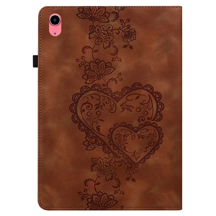 For iPad (2025)  /  10.9 (2022) Leather Case Heart Imprint Foldable Stand Card Slot Stylus Holder Tablet Cover - Brown