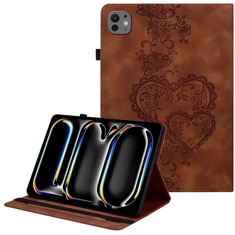 For iPad Pro 11 (2024) Leather Case Heart Imprint Foldable Stand Card Slot Stylus Holder Tablet Cover - Brown