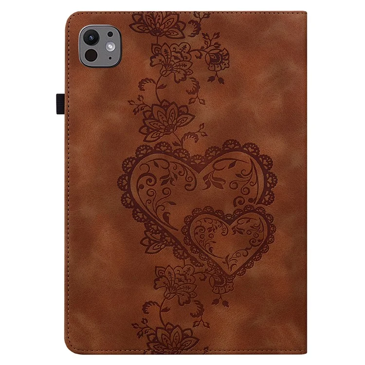 For iPad Pro 11 (2024) Leather Case Heart Imprint Foldable Stand Card Slot Stylus Holder Tablet Cover - Brown