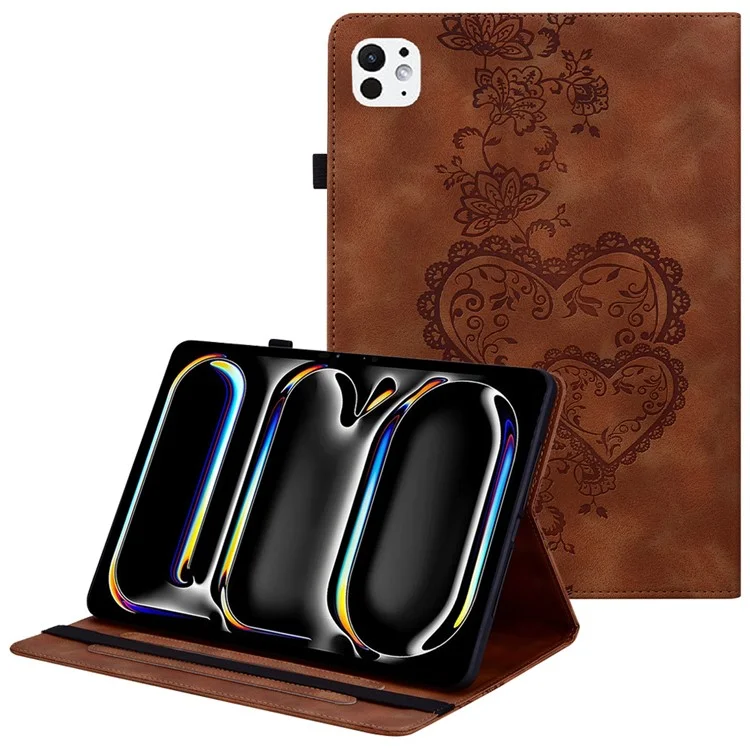 For iPad Pro 13 (2024) Leather Case Heart Imprint Foldable Stand Card Slot Stylus Holder Tablet Cover - Brown