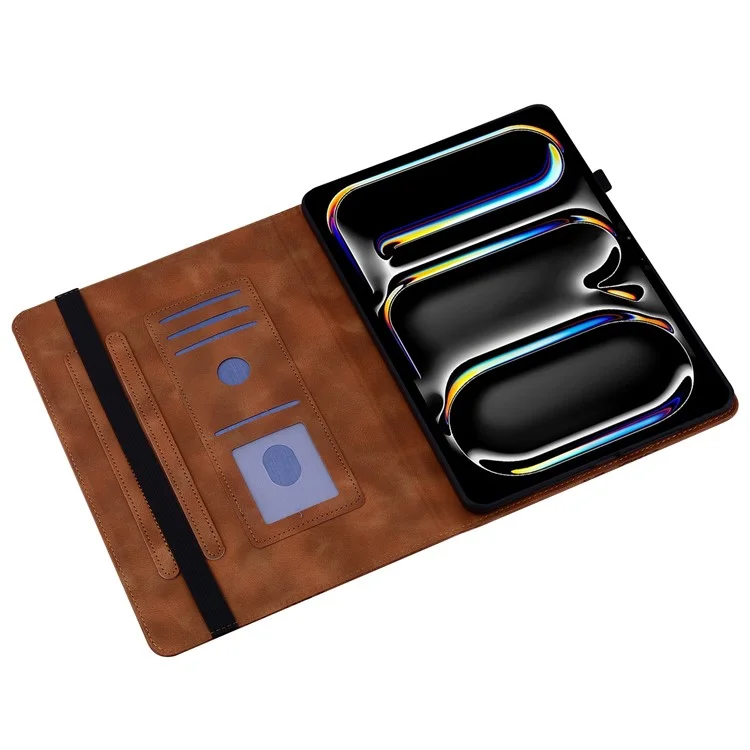 For iPad Pro 13 (2024) Leather Case Heart Imprint Foldable Stand Card Slot Stylus Holder Tablet Cover - Brown
