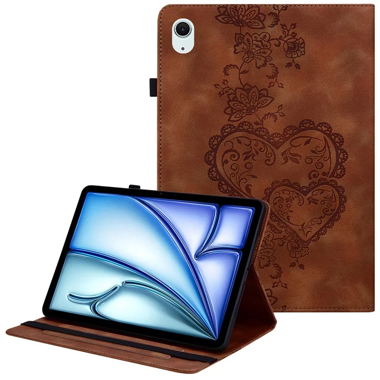 For iPad Air 11 (2025)  /  (2024) Leather Case Heart Imprint Foldable Stand Card Slot Stylus Holder Tablet Cover - Brown