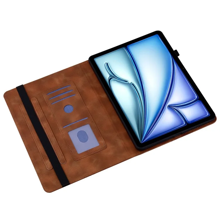 For iPad Air 11 (2025)  /  (2024) Leather Case Heart Imprint Foldable Stand Card Slot Stylus Holder Tablet Cover - Brown