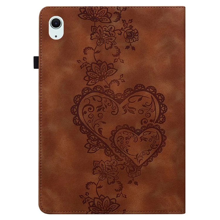 For iPad Air 11 (2025)  /  (2024) Leather Case Heart Imprint Foldable Stand Card Slot Stylus Holder Tablet Cover - Brown