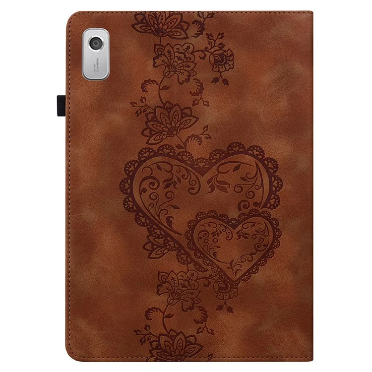 For Lenovo Tab M9 Leather Case Heart Imprint Foldable Stand Card Slot Stylus Holder Tablet Cover - Brown